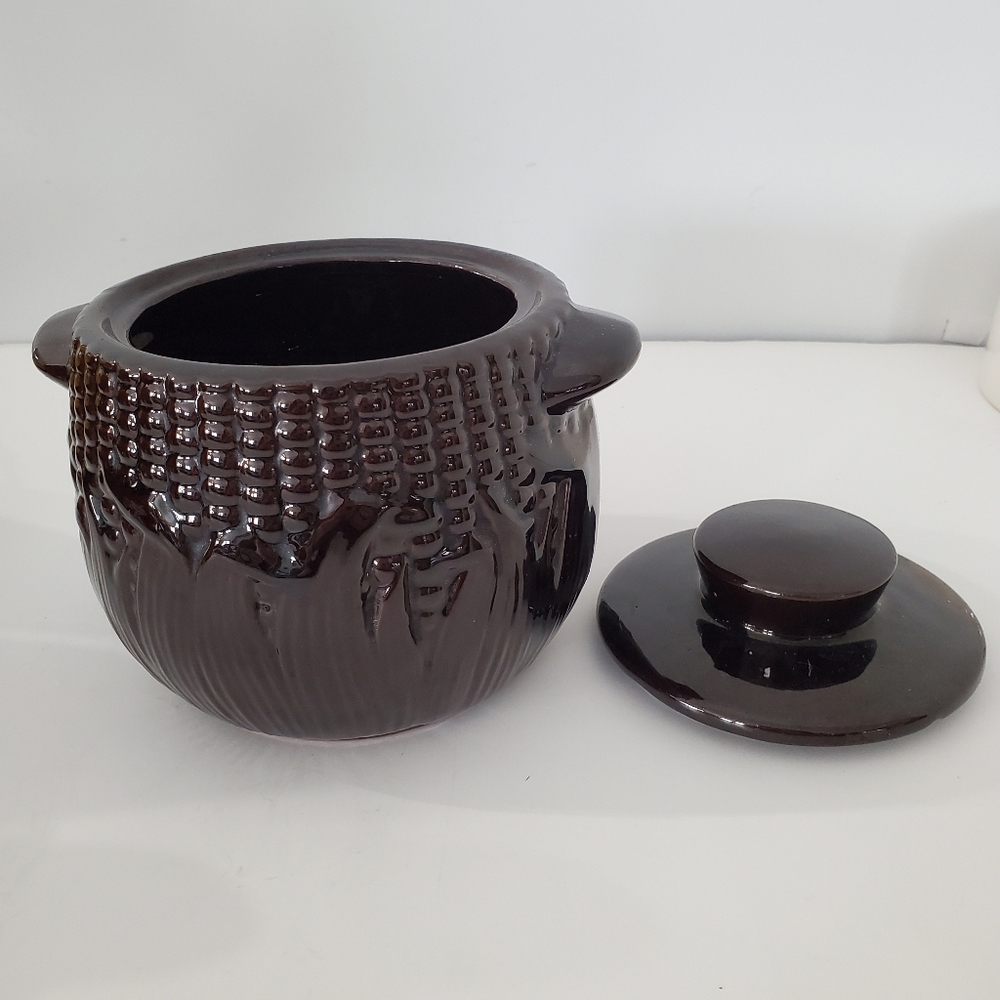 Rare Royal Canadian Art Pottery 1 Qt Brown Corn Cob Theme Bean Crock w/Lid - Picture 2 of 11